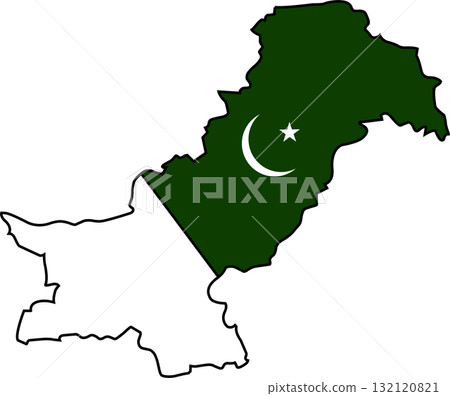 Complete map of Pakistan filled with national flag colors and crescent and star symbol showing unity and pride Complete map of Pakistan filled with national flag colors and crescent and star symbol showing unity and pride 132120821