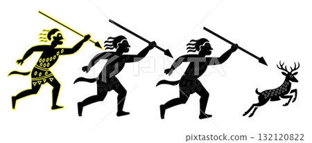 tribal hunting ritual captured in stylized prehistoric motion showing three humans chasing a leaping deer with spears 132120822