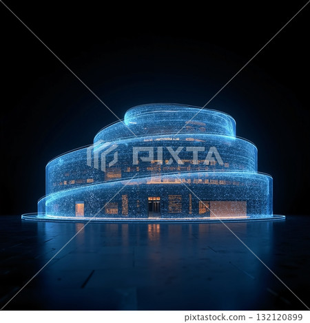 Illuminated sculpture of a building in the dark 132120899