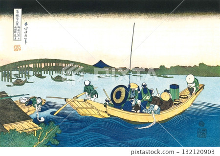 葛飾北齋，富嶽三十六景，第26幅，美馬亞河畔的兩國橋日落 132120903