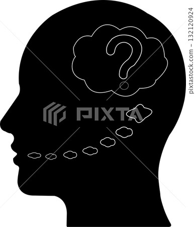 Human Silhouette with Thought Cloud Containing Question Mark Symbol 132120924