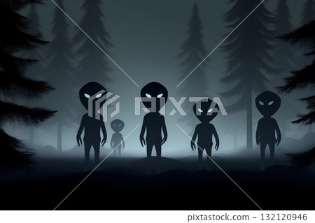 Illustrative small gray aliens with glowing eyes in dark forest. Generative AI 132120946