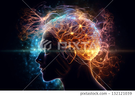 Woman portrait dark silhouette and consciousness represents colorful universe and space. Generative AI 132121039