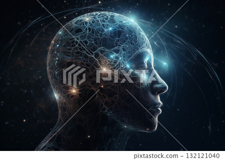 Man portrait dark silhouette and consciousness represents colorful universe and space. Generative AI 132121040