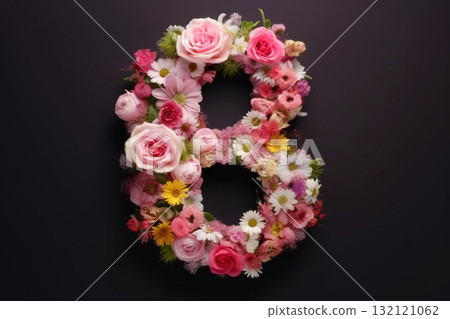Number 8 creative made of colorful flowers blossoms on black background. Generative AI Number 8 creative made of colorful flowers blossoms on black background. Generative AI 132121062