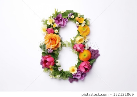 Number 8 creative made of colorful flowers blossoms on white background. Generative AI 132121069