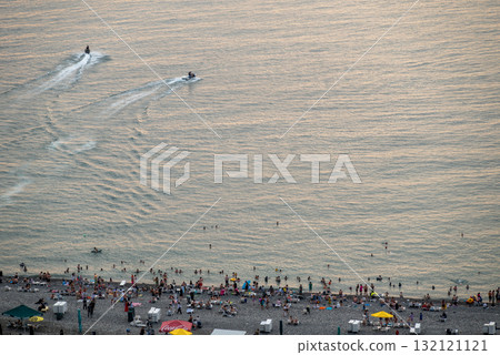 Batumi city beach along the Batumi Boulevard, popular Black Sea tourist resort waterfront in Batumi, Adjara, Georgia 132121121