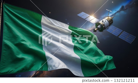 Nigeria flag waving in space with satellite orbiting earth symbolizing technological advancement and national pride 132121211
