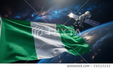 Nigerian flag unfurling in the vastness of space with a satellite in orbit around a glowing earth Nigerian flag unfurling in the vastness of space with a satellite in orbit around a glowing earth 132121212