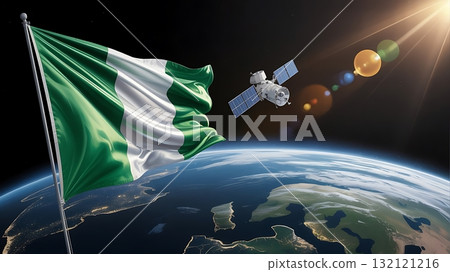 Nigeria flag waving in space with satellite orbiting earth symbolizing national progress and technological advancement 132121216