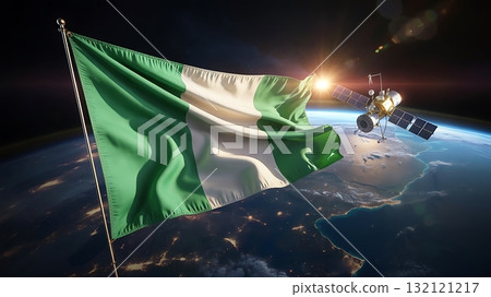 Nigerian flag waving in space with earth and satellite in the background 132121217