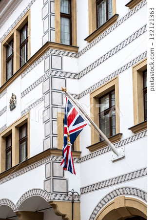 Special Flag of the Great Britain for King Charles III Coronation on the British Embassy in Bratislava, Slovakia Special Flag of the Great Britain for King Charles III Coronation on the British Embassy in Bratislava, Slovakia 132121363
