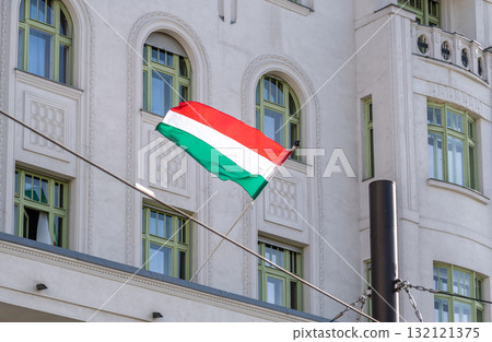 Hungarian flag waving froma building in Budapest, Hungary Hungarian flag waving froma building in Budapest, Hungary 132121375