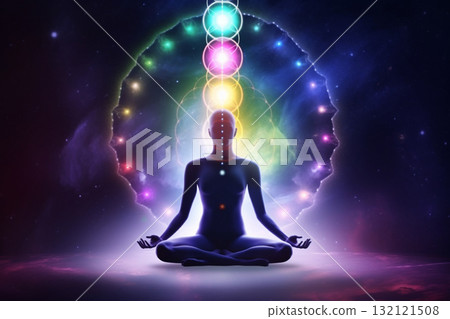 Transcendental chakras space meditation human silhouette. Generative AI Transcendental chakras space meditation human silhouette. Generative AI 132121508
