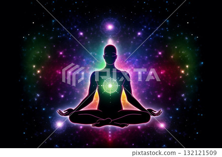 Transcendental chakras space meditation human silhouette. Generative AI Transcendental chakras space meditation human silhouette. Generative AI 132121509