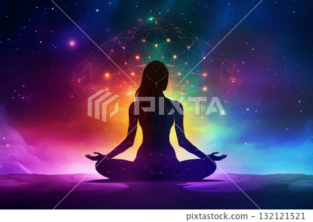 Transcendental chakras space meditation human silhouette. Generative AI 132121521