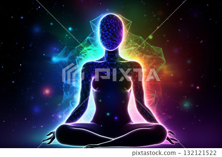 Transcendental chakras space meditation human silhouette. Generative AI Transcendental chakras space meditation human silhouette. Generative AI 132121522