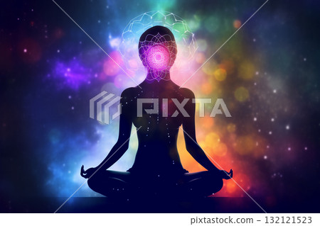 Transcendental chakras space meditation human silhouette. Generative AI Transcendental chakras space meditation human silhouette. Generative AI 132121523