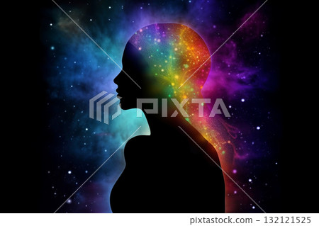 Transcendental chakras space meditation human silhouette. Generative AI 132121525