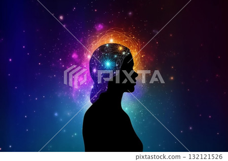 Transcendental chakras space meditation human silhouette. Generative AI Transcendental chakras space meditation human silhouette. Generative AI 132121526