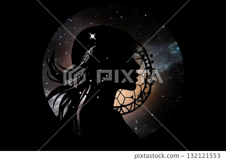 Dream catcher and woman body and face silhouette illustrative background. Generative AI Dream catcher and woman body and face silhouette illustrative background. Generative AI 132121553