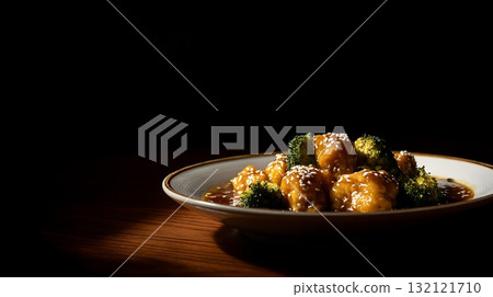 Savory Sesame Chicken with Fresh Broccoli on a Wooden Table. 132121710