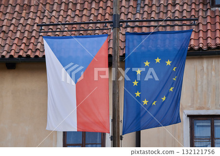 Czech Republic and EU Flags Displayed Together Czech Republic and EU Flags Displayed Together 132121756