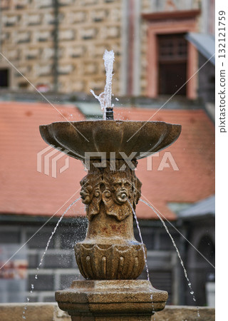 Ornate Stone Fountain in Historic Setting 132121759