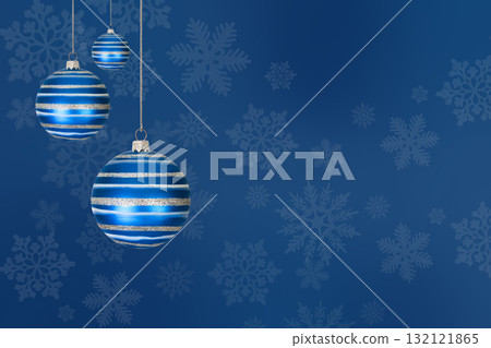 Christmas tree baubles on blue background with white snowflakes. Festive winter holiday background. Design with copy space for greeting card, text, advertising, banner, invitation Christmas tree baubles on blue background with white snowflakes. Festive winter holiday background. Design with copy space for greeting card, text, advertising, banner, invitation 132121865