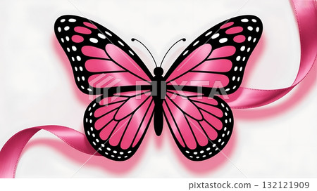 Pink butterfly with ribbon symbol of breast cancer awareness isolated on white background 132121909