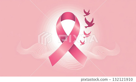 Pink ribbon with flying birds symbol of breast cancer awareness and hope 132121910