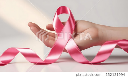 A hand gently holds a pink satin ribbon symbolizing breast cancer awareness and the fight against the disease 132121994