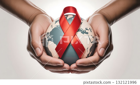 Hands holding a globe with a red ribbon for aids awareness isolated on white background Hands holding a globe with a red ribbon for aids awareness isolated on white background 132121996