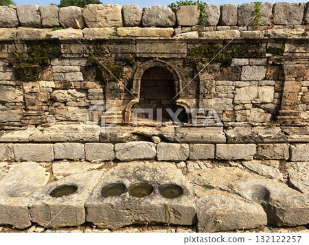 Dharmarajika main stupa statue niche with four holes symbolizing ancient buddhist relic placement in taxila pakistan Dharmarajika main stupa statue niche with four holes symbolizing ancient buddhist relic placement in taxila pakistan 132122257