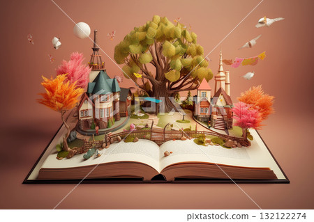 Illustration of magical book with fantasy stories. Generative AI Illustration of magical book with fantasy stories. Generative AI 132122274