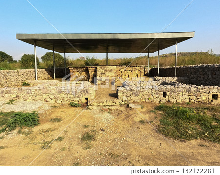 Double headed eagle stupa view in Sirkap Taxila Pakistan showing fusion of Greek and Buddhist art reflecting Gandhara civilization heritage 132122281