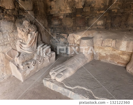 Buddha feet sculpture at ancient Dharmarajika stupa Taxila Pakistan showing Gandhara art heritage and sacred history Buddha feet sculpture at ancient Dharmarajika stupa Taxila Pakistan showing Gandhara art heritage and sacred history 132122360