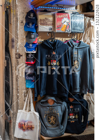 Prague Souvenir Display with Hoodies and Caps 132122628