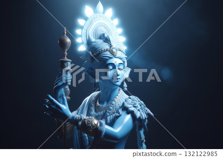 God Krishna sculpture. Blue colored. Generative AI 132122985