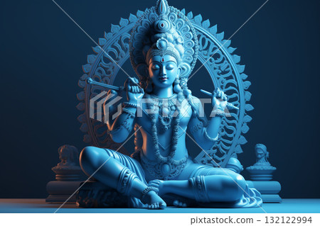 God Krishna sculpture. Blue colored. Generative AI 132122994