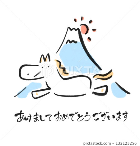 Ink painting of Mt. Fuji, the first sunrise and a smiling white horse. Happy New Year 2026. New Year's material. 132123256