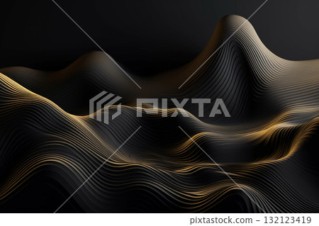 Black and golden colored twisted wave in motion background. Generative AI 132123419