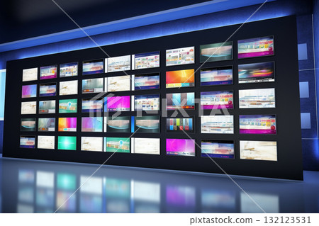 Smart TV and digital media wall of screens background. Generative AI 132123531