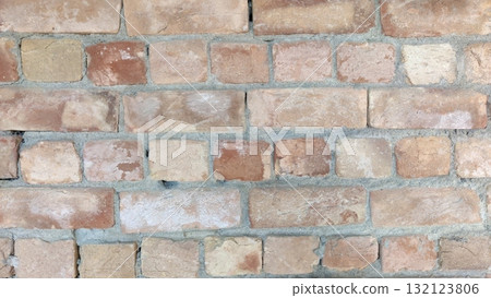 Close up view of a brick wall with light colored bricks and grey mortar in a horizontal pattern 132123806