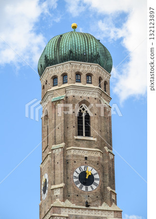 Bell tower of Frauenkirche Cathedral of Our Lady, Roman Catholic church and symbol of the city of Munich in Bavaria, Germany Bell tower of Frauenkirche Cathedral of Our Lady, Roman Catholic church and symbol of the city of Munich in Bavaria, Germany 132123897