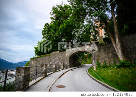Medieval fortifications atop the Monchsberg hill in Salzburg, Austria 132124053