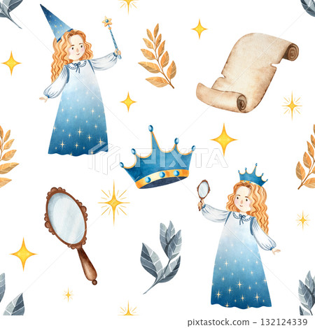 Seamless watercolor pattern with princess, sorceress, mirror, scroll, crown, branches and stars. Perfect for children books, fabrics, wallpapers, wrapping paper, posters, invitations and decor Seamless watercolor pattern with princess, sorceress, mirror, scroll, crown, branches and stars. Perfect for children books, fabrics, wallpapers, wrapping paper, posters, invitations and decor 132124339