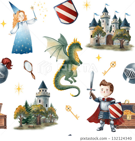 Seamless watercolor pattern with knight, sorceress, dragon, unicorn, treasure chest, mirror, scroll and helmet. Perfect for children books, fabrics, wallpapers, wrapping, posters and decor Seamless watercolor pattern with knight, sorceress, dragon, unicorn, treasure chest, mirror, scroll and helmet. Perfect for children books, fabrics, wallpapers, wrapping, posters and decor 132124340