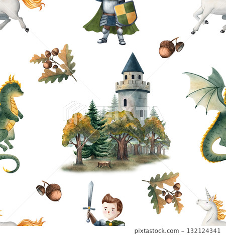 Seamless watercolor pattern with dragon, knight, medieval castle, oak branches and acorns. Perfect for children books, fabrics, wallpapers, wrapping paper, posters, invitations and decor Seamless watercolor pattern with dragon, knight, medieval castle, oak branches and acorns. Perfect for children books, fabrics, wallpapers, wrapping paper, posters, invitations and decor 132124341