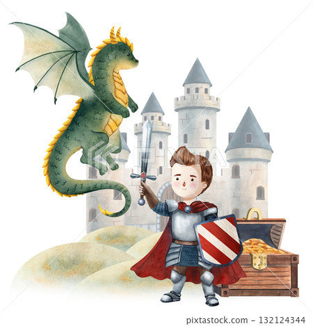Watercolor illustration of a knight facing a dragon near medieval castle. Perfect for children books, fairy tales, posters, cards, invitations, scrapbooking, decor and games. 132124344